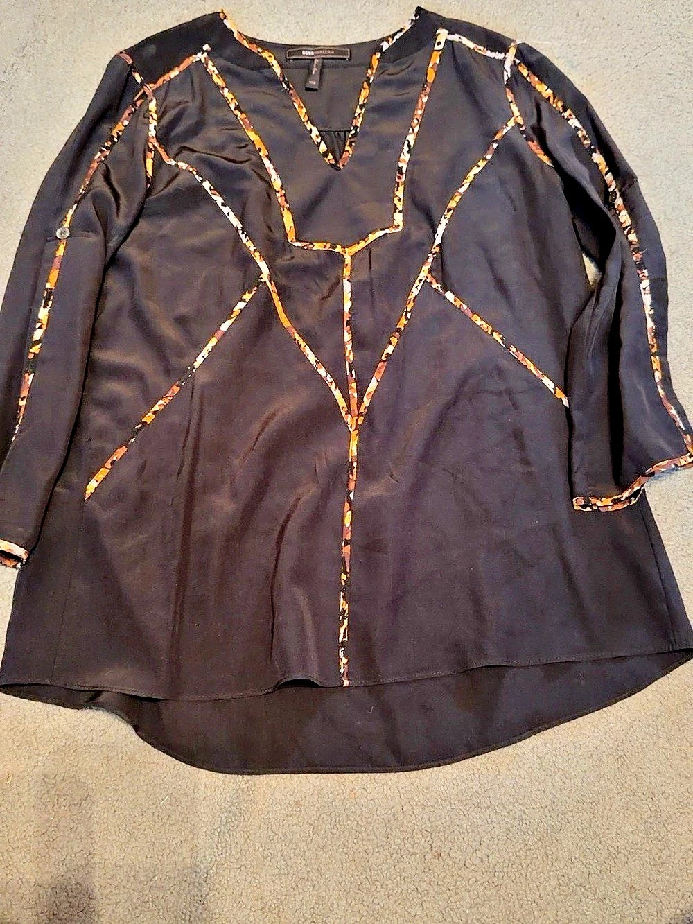 BCBGMAXAZRIA Abstract Trim Blouse Black & Orange XXS